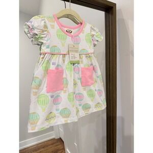 The Oaks Apparel Girls Amy Dress Hot Air Balloons Pink Trim Pockets Size 12M new